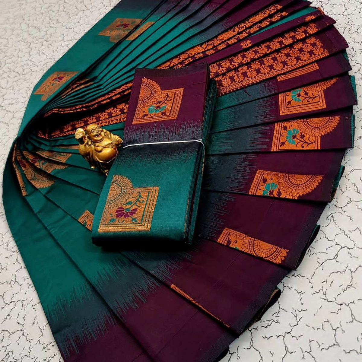 Teal Weaving Work Handloom Kubera Silk 3D Saree