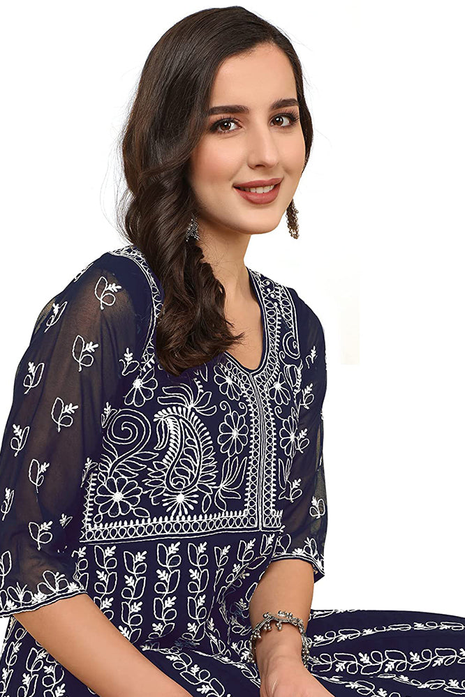 Navy crushed silk hand embroidered tunic