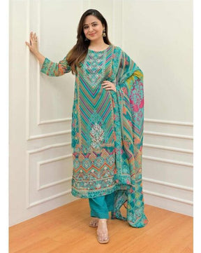 Firoji Colour Muslin Kurta With Bottom & Dupatta Set