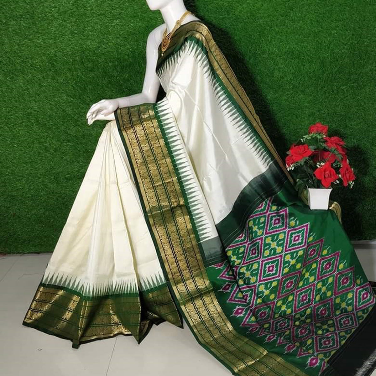 White Fancy Silk Saree With Patola Design Blouse
