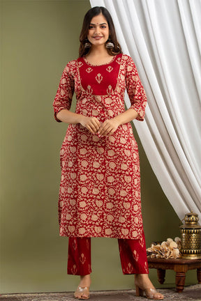 Red Multicolour Printed Cotton Flared Kurta Pant Set