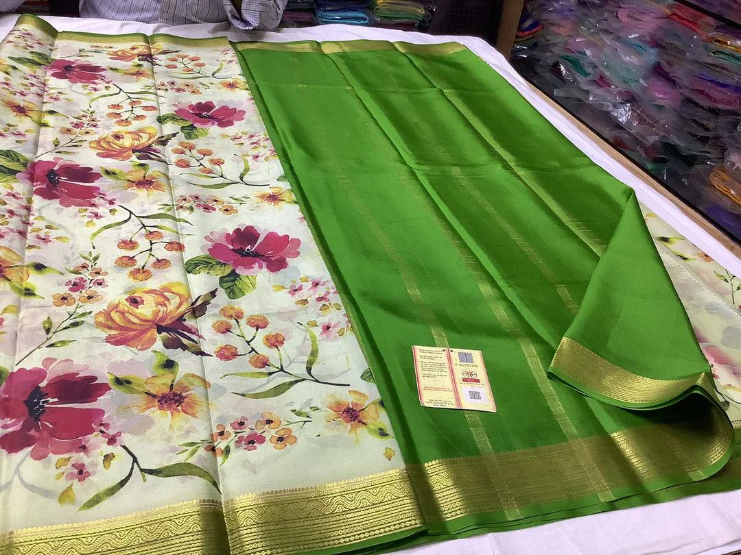 Premium Unique Mysore Printed Floral Silk Sarees for Weddings & Festive Wear
