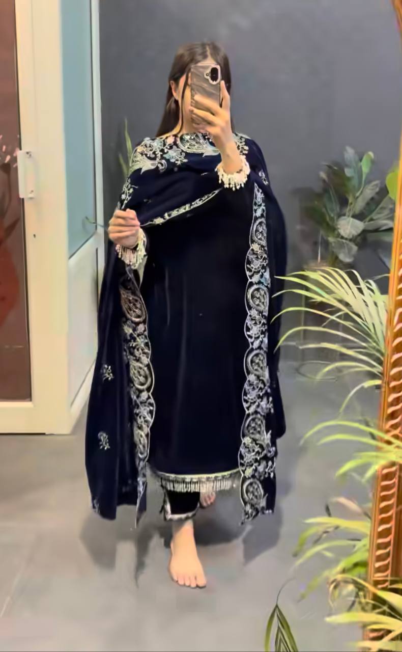 Navy Blue Viscose Velvet Designer Top–Dupatta Set