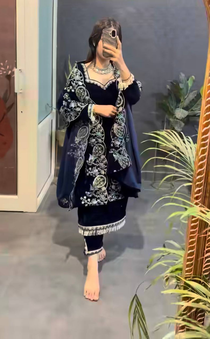 Navy Blue Viscose Velvet Designer Top–Dupatta Set