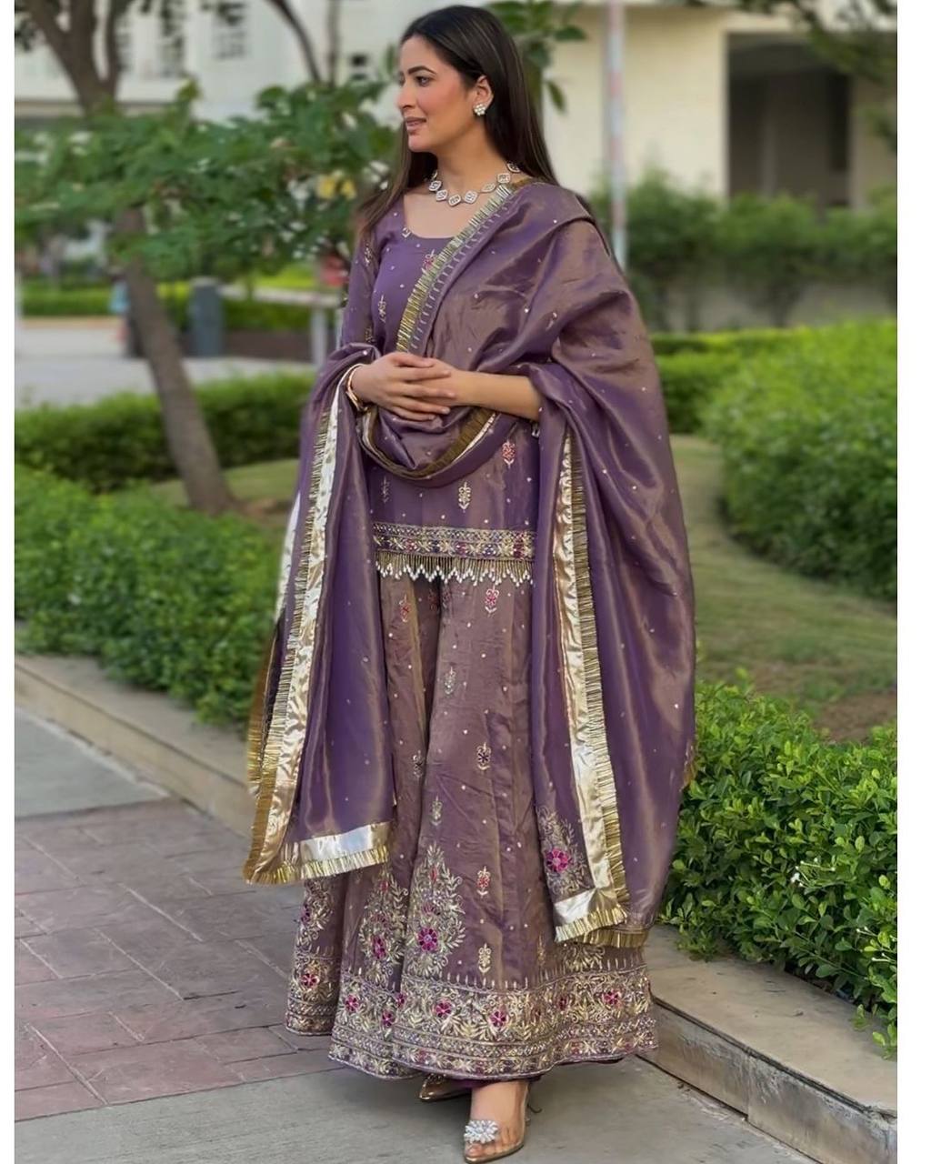Purple Embroidered Peplum Top Sharara Set