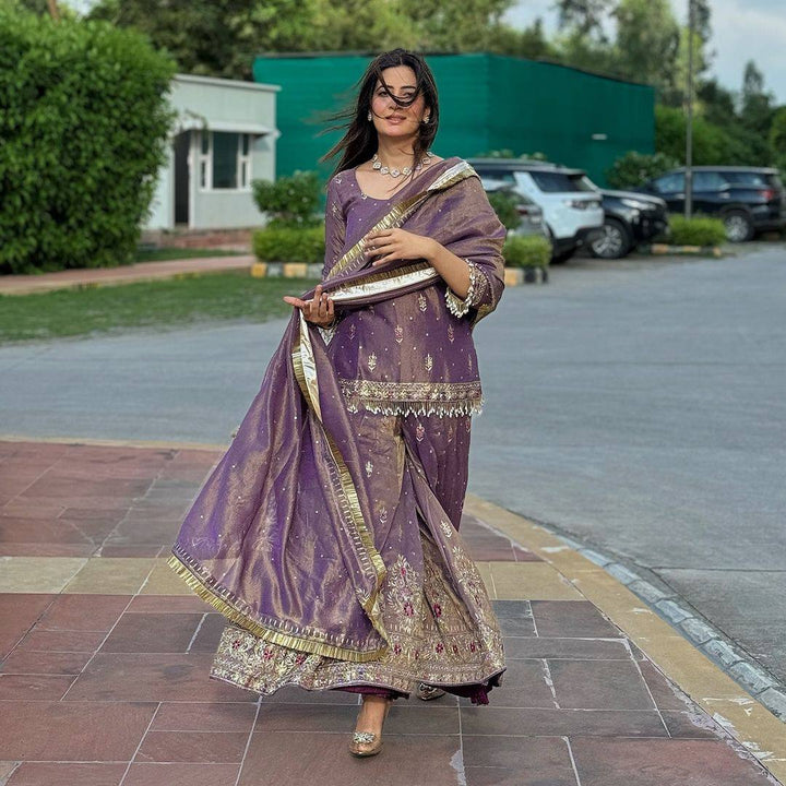 Purple Embroidered Peplum Top Sharara Set