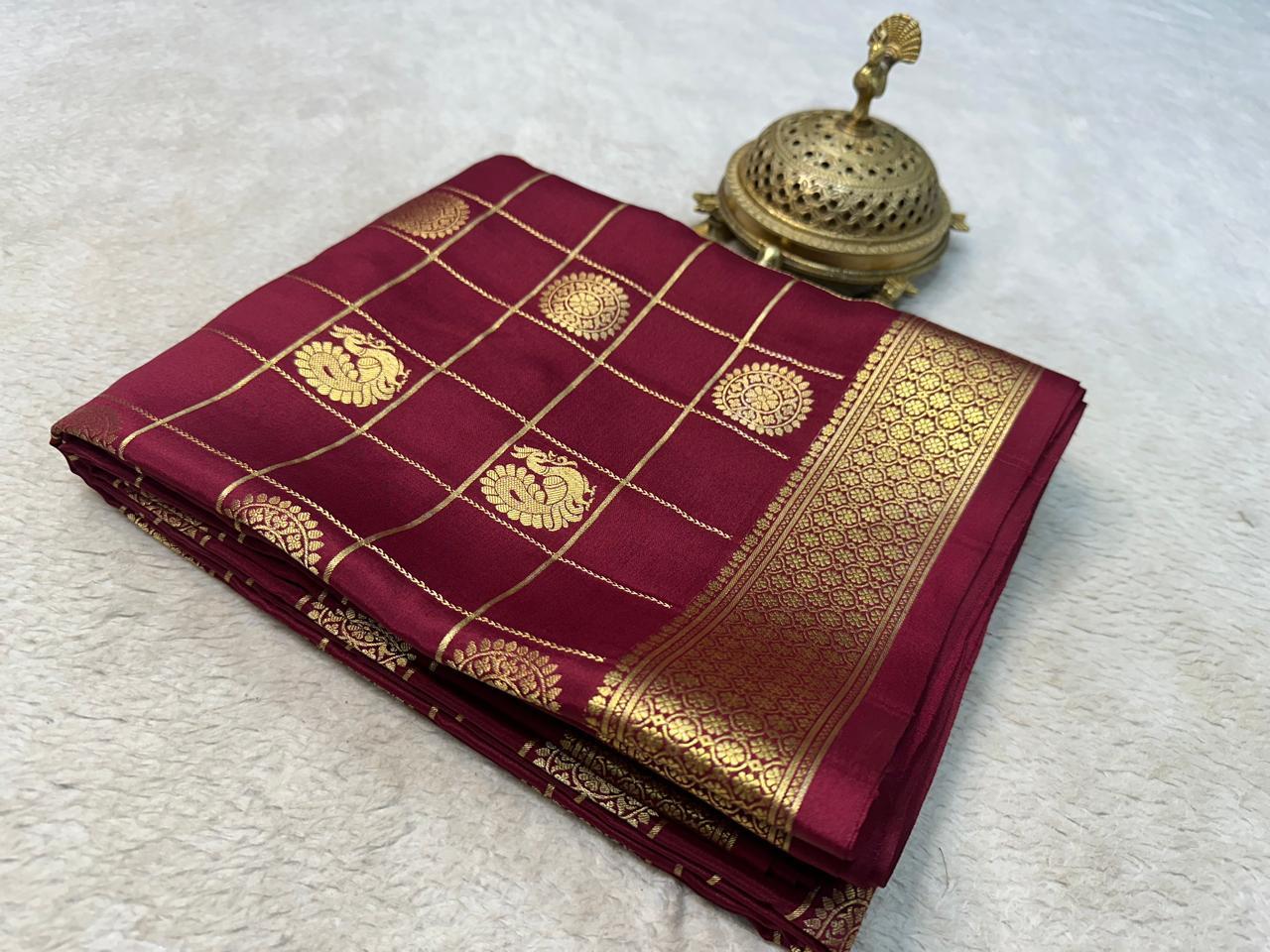 Regal Harmony: Peacock & Chakra Motifs in Chex Soft Silk Elegance