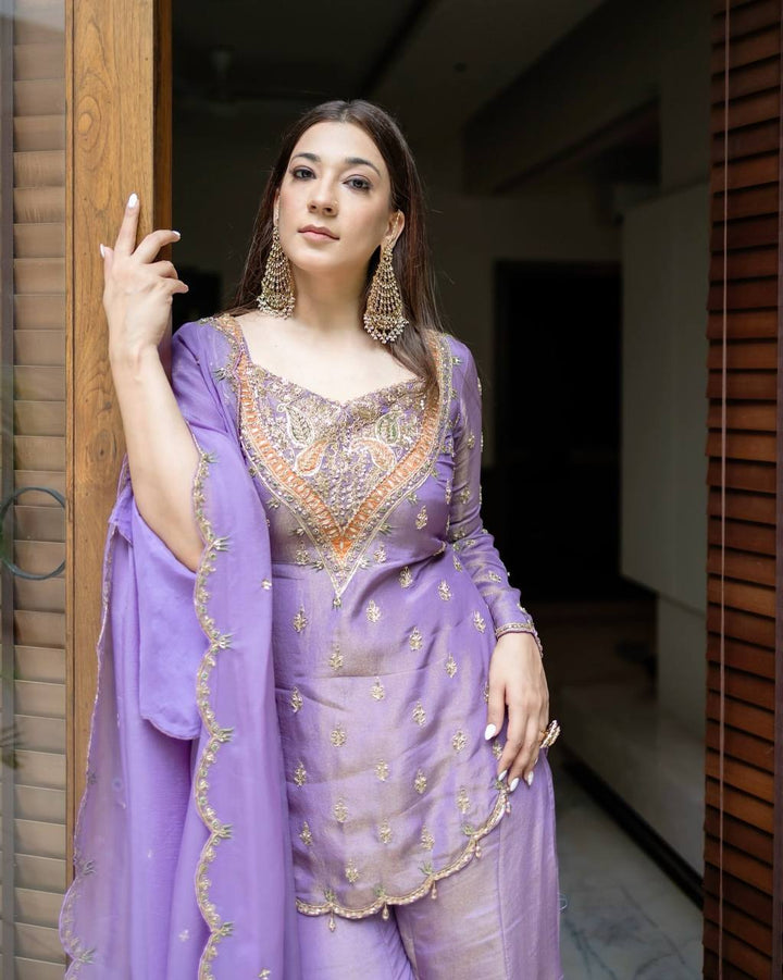 Light Purple Colour Embroidered Attractive Party Wear Silk Sharara