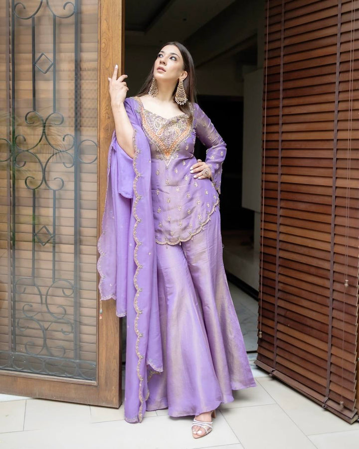 Light Purple Colour Embroidered Attractive Party Wear Silk Sharara