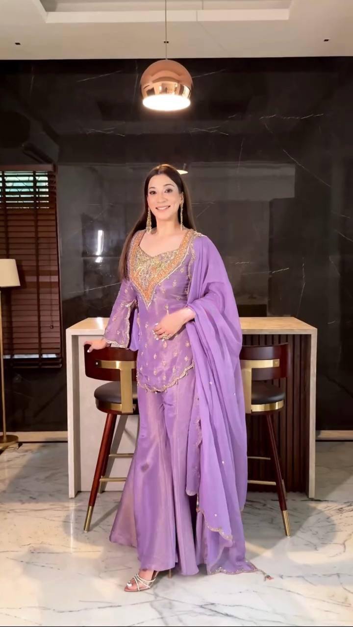 Light Purple Colour Embroidered Attractive Party Wear Silk Sharara