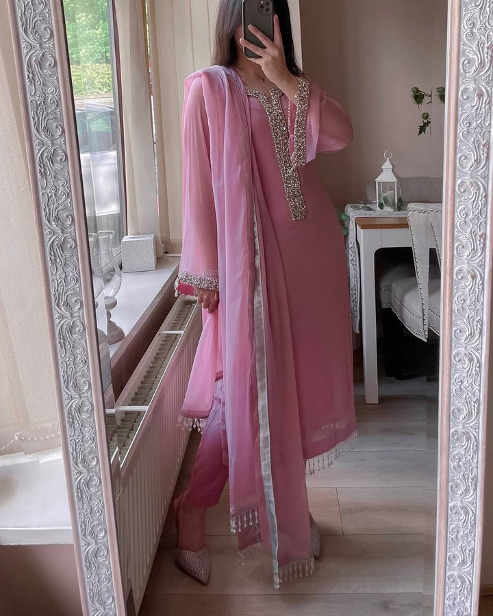 Women Pink Georgette Salwar Suit Real Moti Hand Embroidery