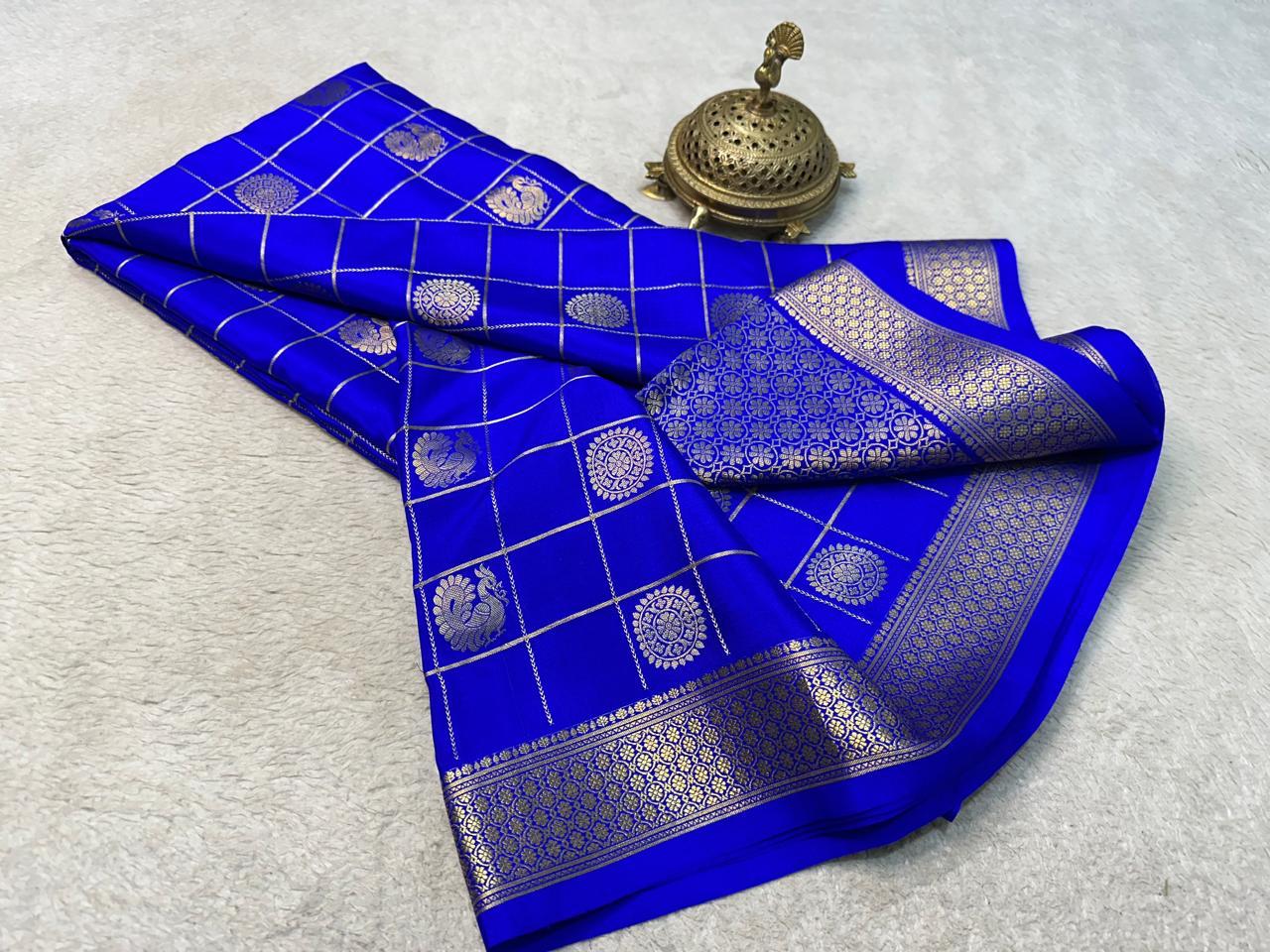 Regal Harmony: Peacock & Chakra Motifs in Chex Soft Silk Elegance