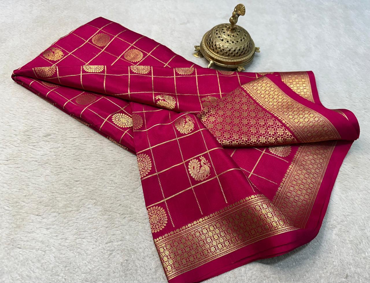 Regal Harmony: Peacock & Chakra Motifs in Chex Soft Silk Elegance