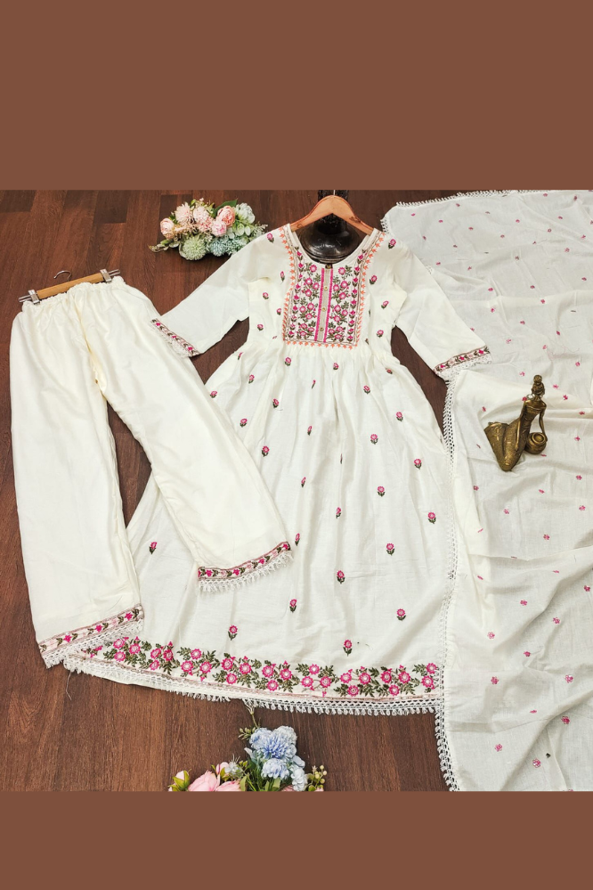 White Ryan Cotton Embroidery Work Suit for Women