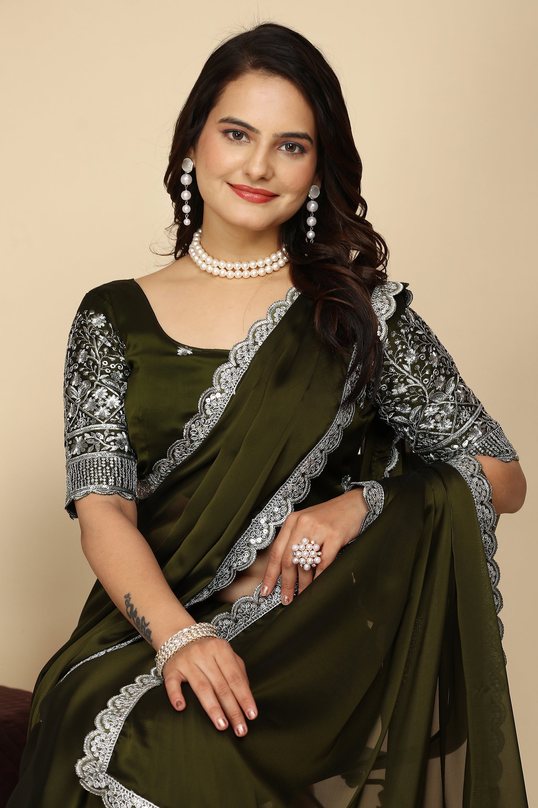 Premium Silk Symphony: The Designer Saree That Defines Beauty in mehndi colour for Weddings & Festive Wear