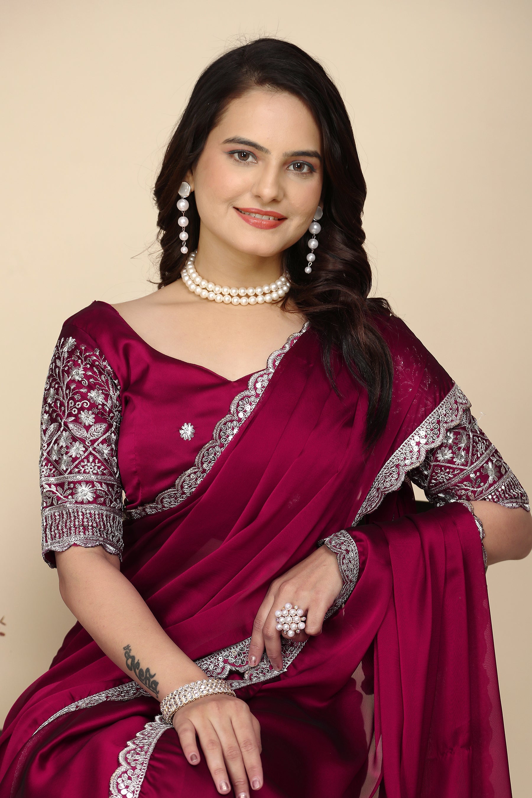 Premium Elevate Elegance: Premium Space Silk Saree with Intricate Embroidery with maroon for Weddings & Festive Wear