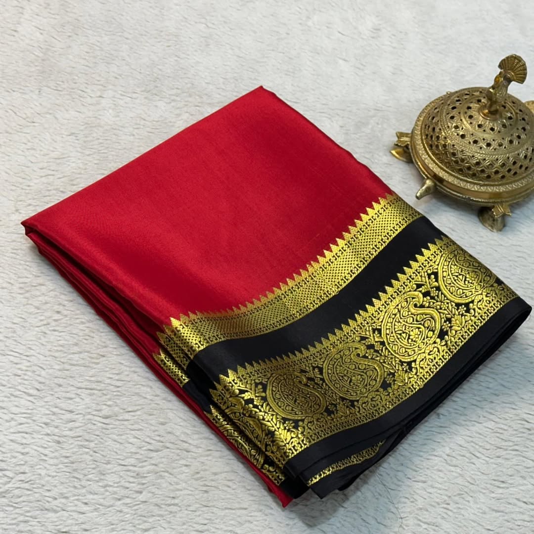 Traditional Mango Bentex Border Mysore Silk Sarees with Contrast Line Pallu