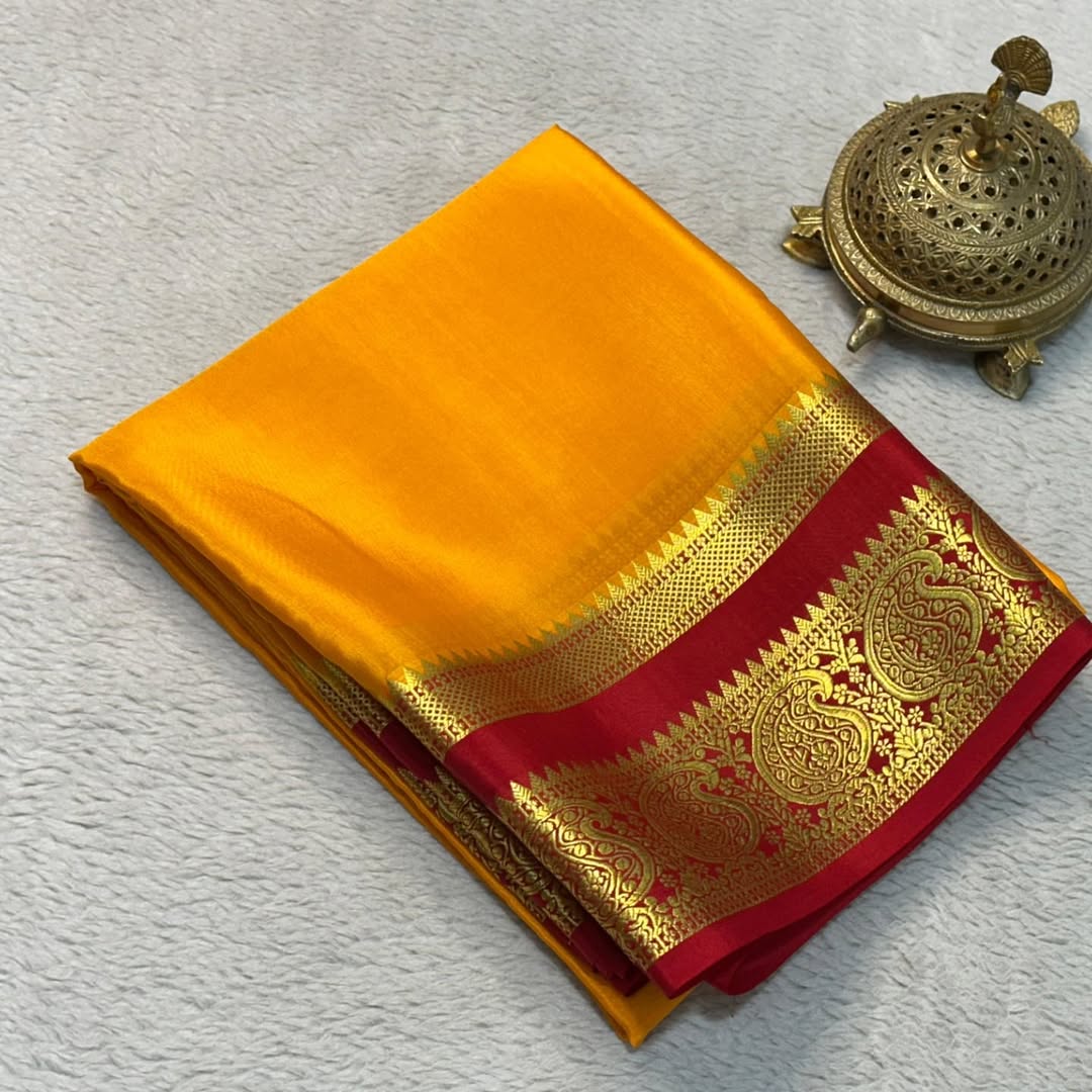 Elegant Contrast Colors in Mango Bentex Border Mysore Silk Sarees