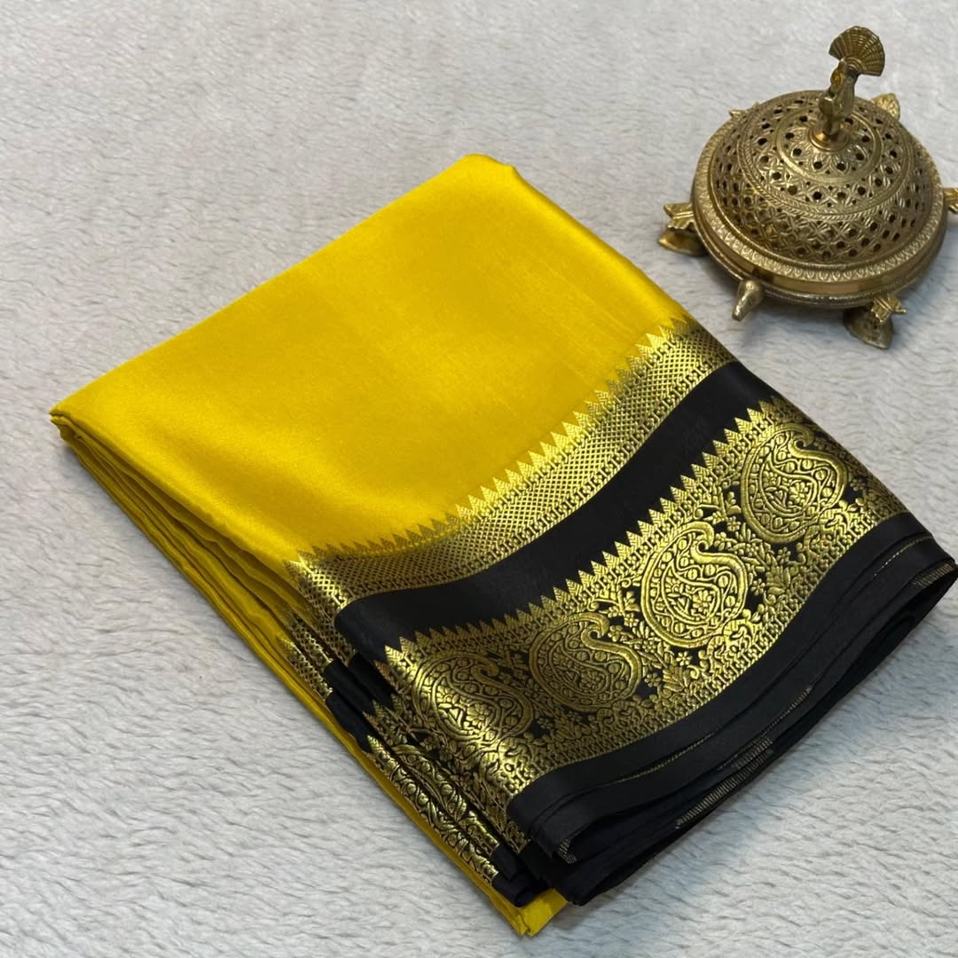 Elegant Contrast Colors in Mango Bentex Border Mysore Silk Sarees