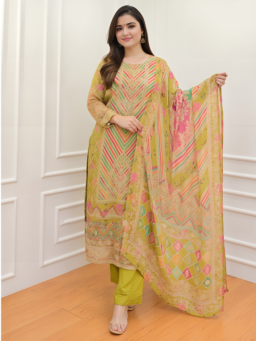 Lime Green Colour Embroidered Sequence Work Kurta with Pants & Dupatta