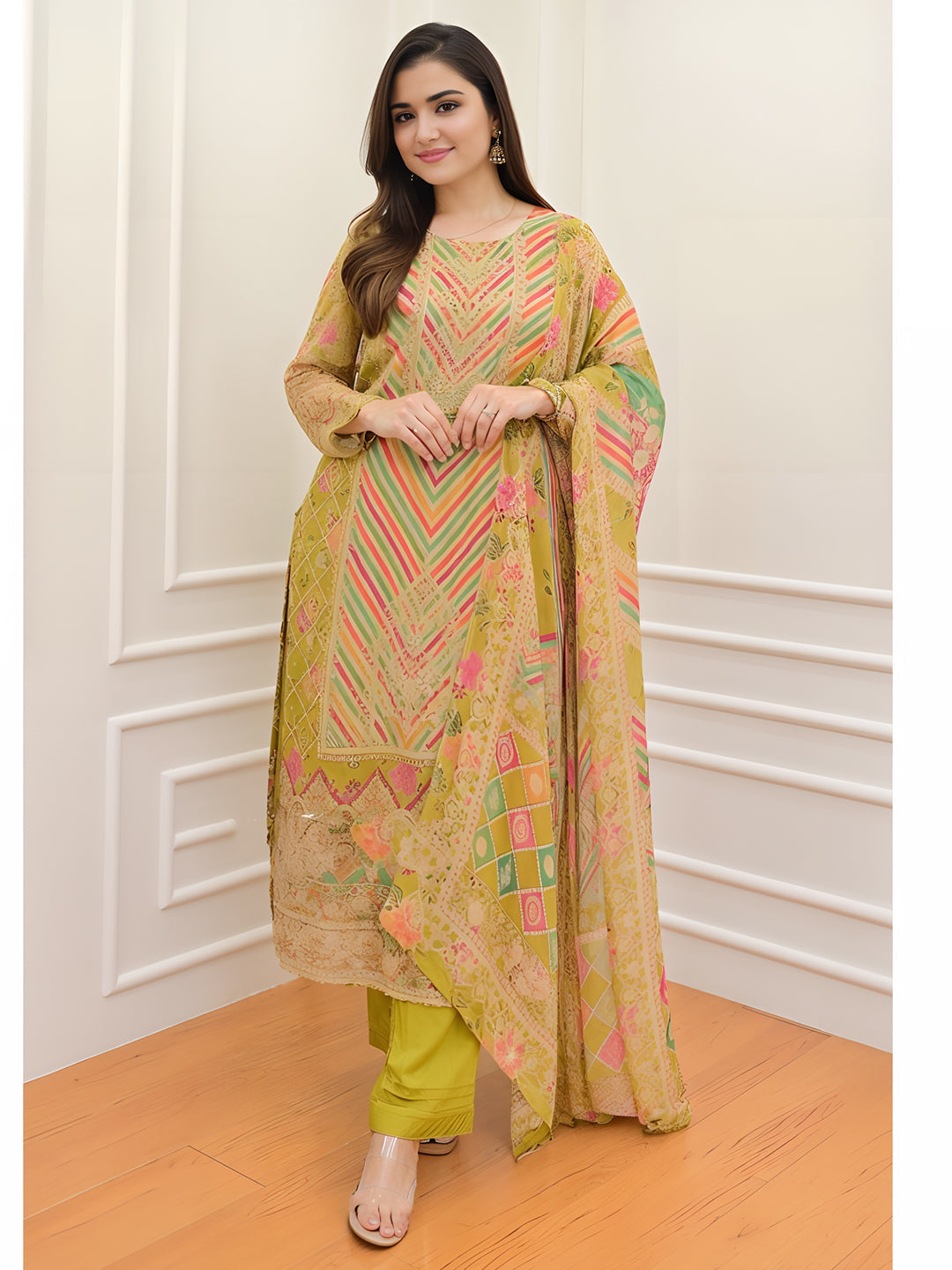 Lime Green Colour Embroidered Sequence Work Kurta with Pants & Dupatta