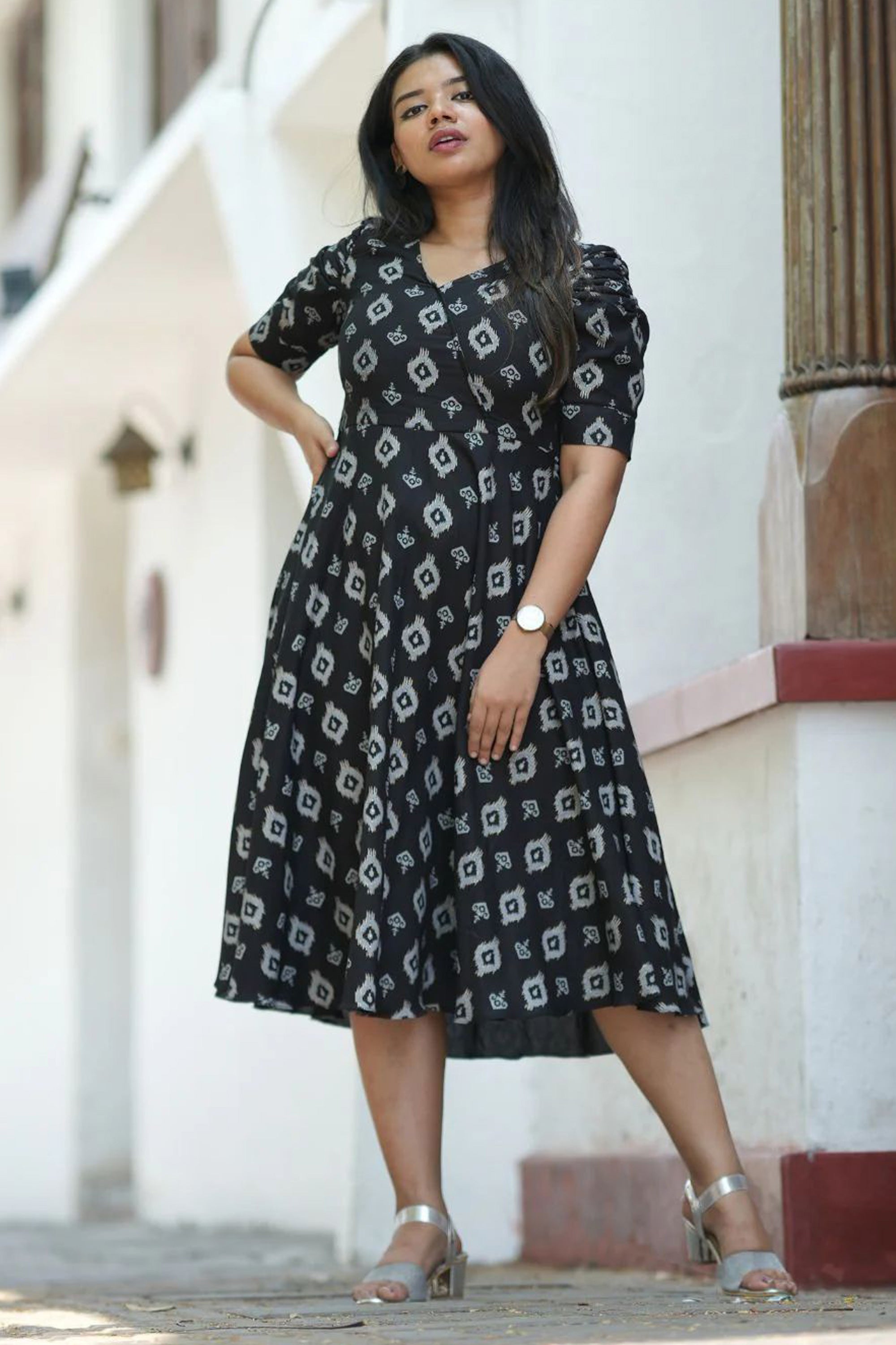 Premium Beautiful Black And Grey Ethnic Print Dress for Weddings & Festive Wear