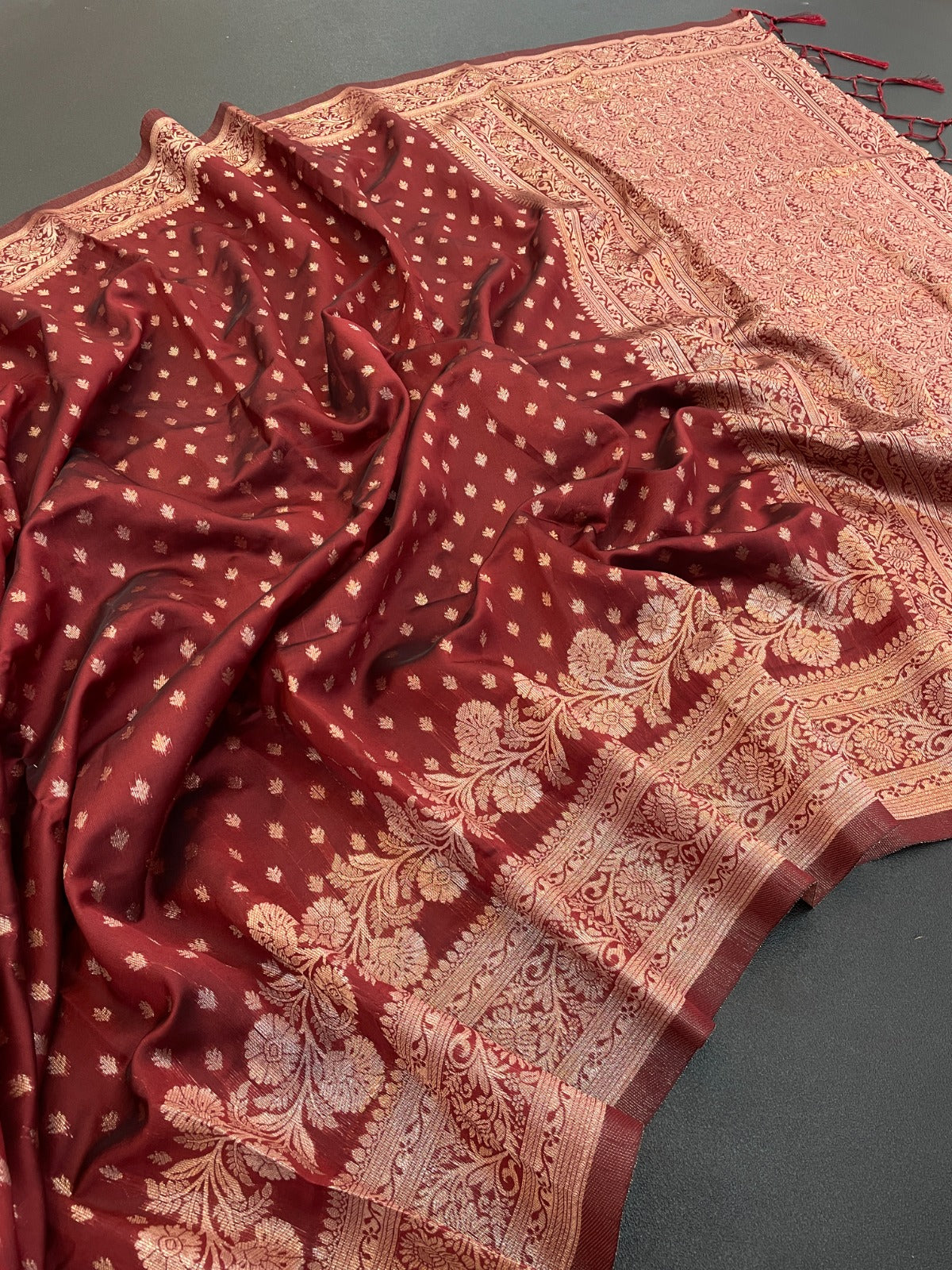 Soft Banarasi Saree with Floral Zari Design & Tasseled Edge