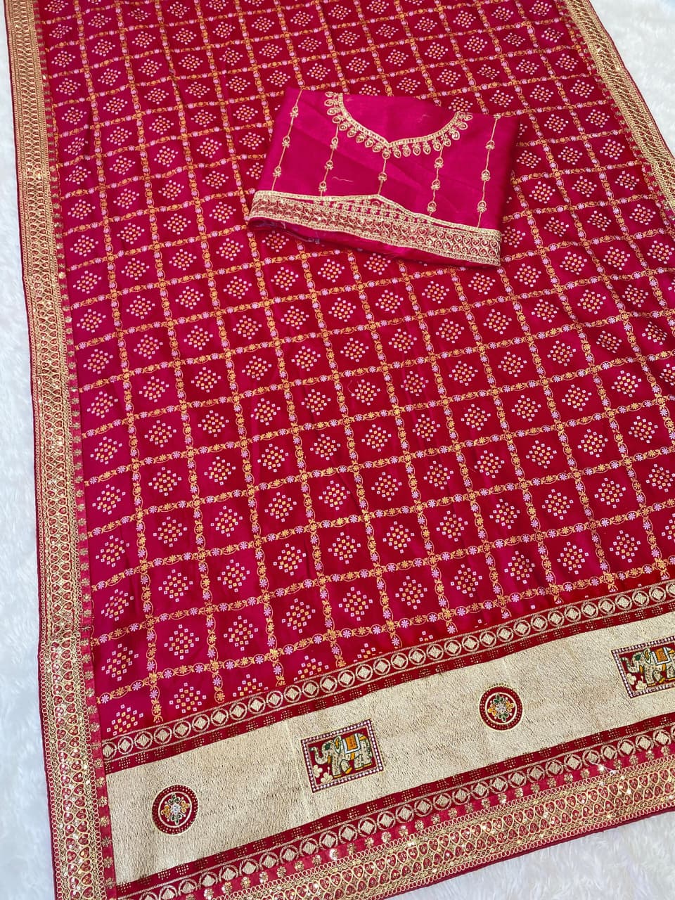 Elegant Vichitra Silk Saree with Jharkan Embroidery & Contrast Blouse