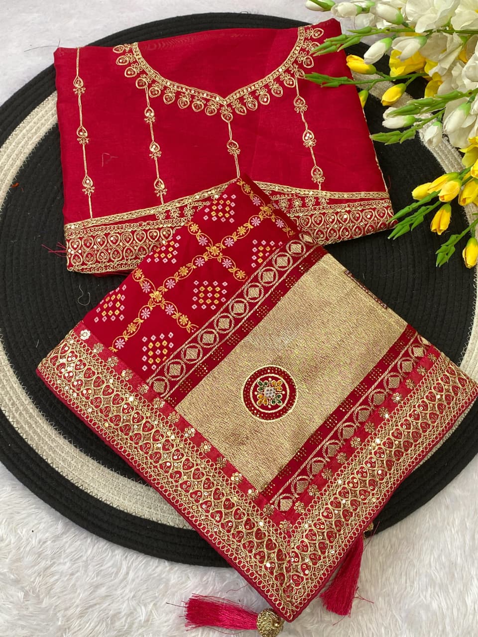 Elegant Vichitra Silk Saree with Jharkan Embroidery & Contrast Blouse