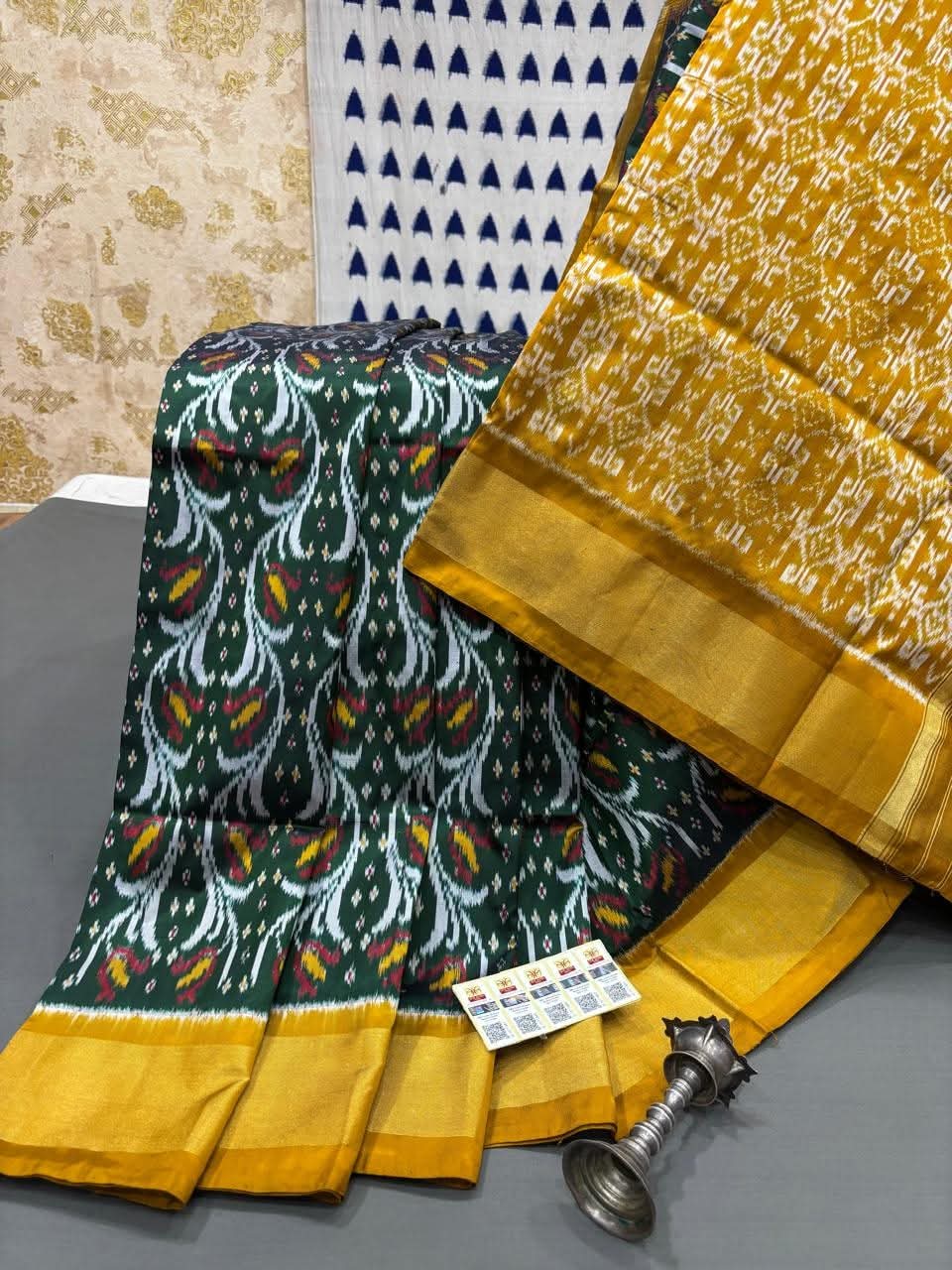 Pure Patola Silk Saree – Classic Yellow Border & Ikat Weave Design