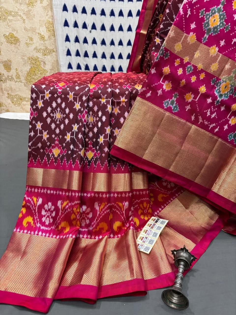 Pochampally Double Ikat Pure Silk Saree Red Border Designer Piece