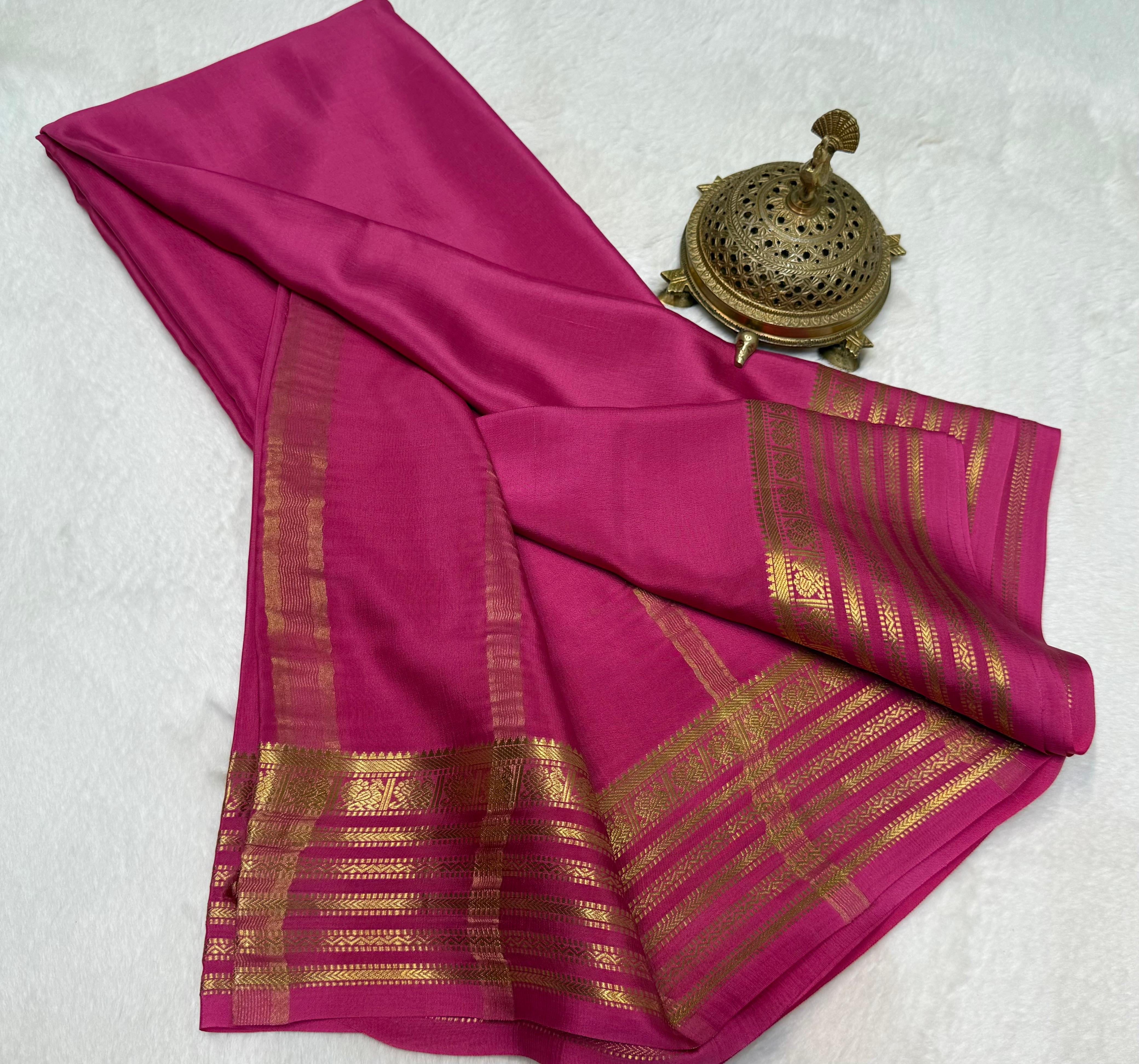 Rani pink Traditional Mysore Silk Saree Gold Zari, Wedding & Festive Wear