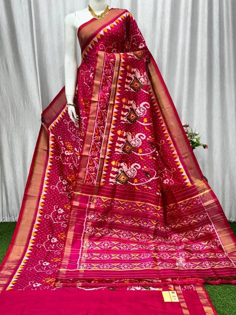 Rani Pink Pochampally Ikat Pure Silk Saree with Golden Border and Elephant Motifs