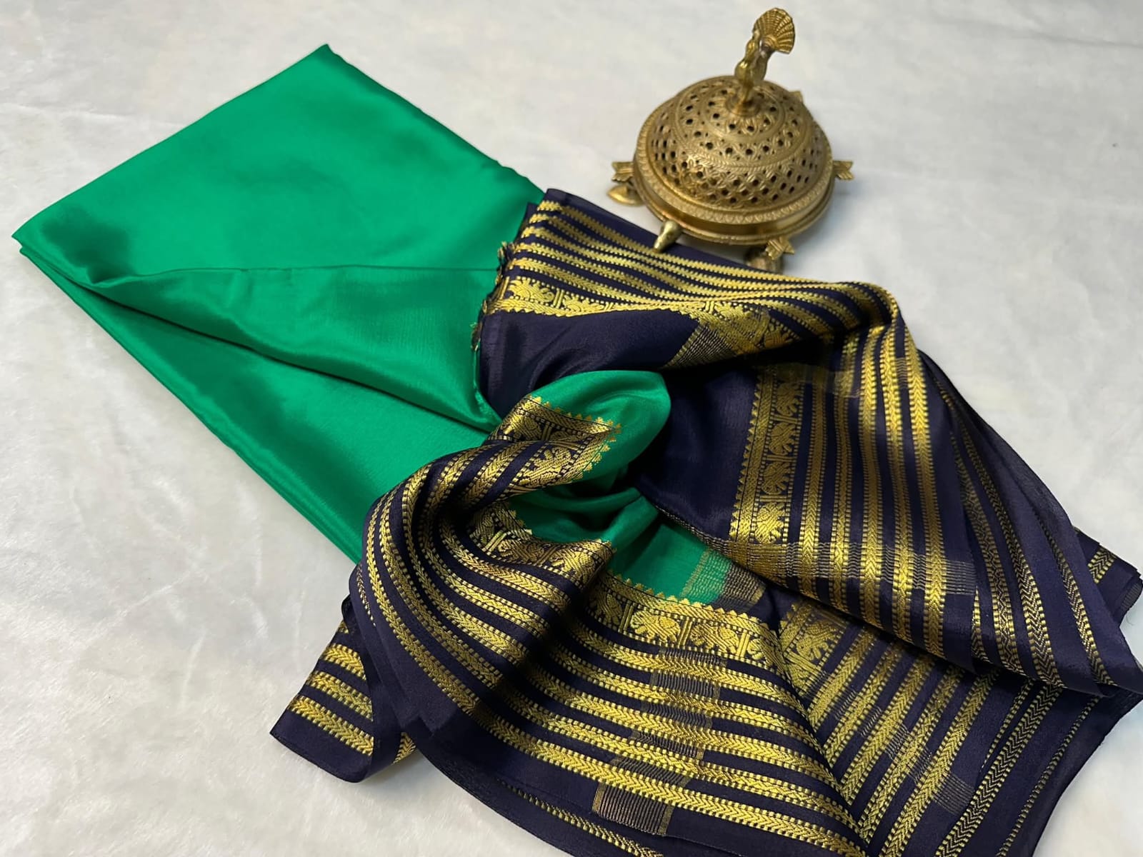 Green Semi Mysore Silk Saree with Navy Blue & Gold Zari Border and Blouse