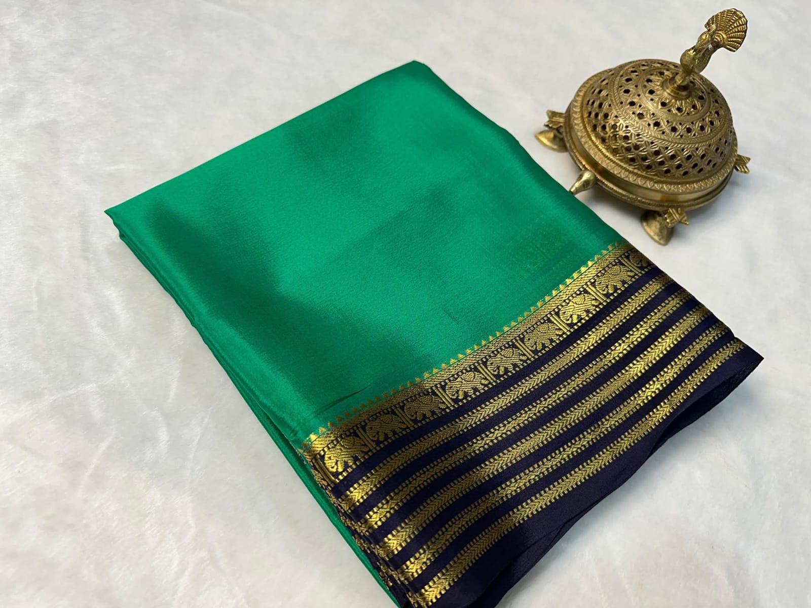 Green Semi Mysore Silk Saree with Navy Blue & Gold Zari Border and Blouse