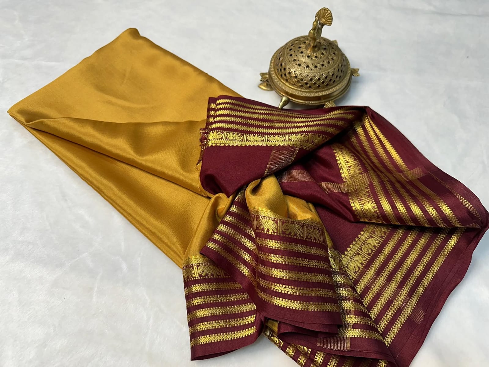 Mustard Semi Mysore Silk Saree with Maroon & Gold Zari Border and Blouse