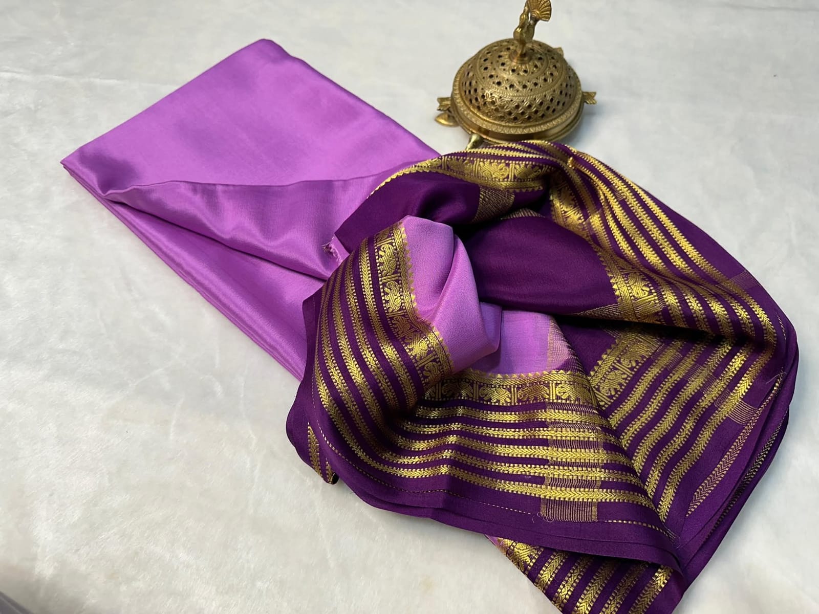 Purple Semi Mysore Silk Saree with Gold Zari Border and Blouse