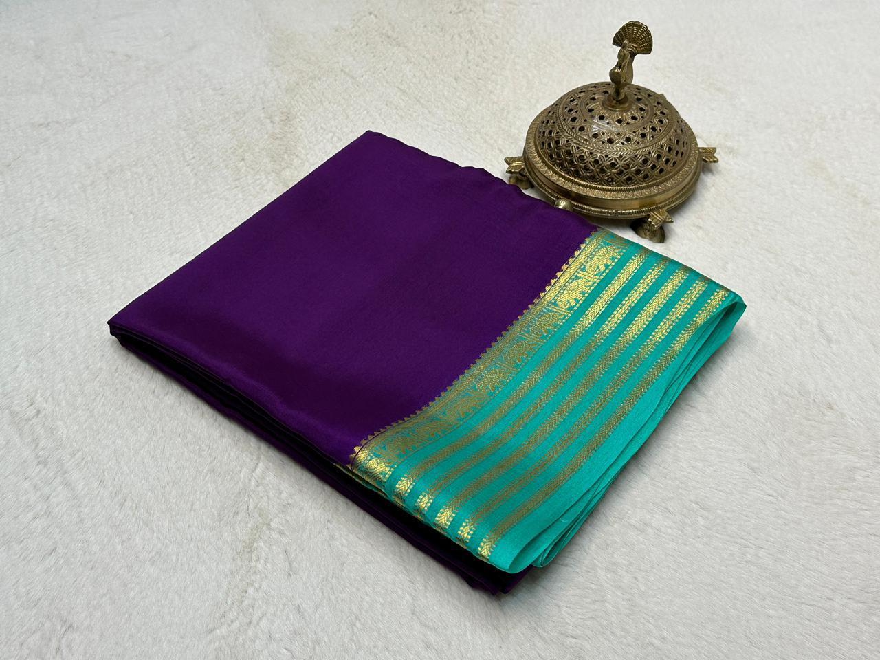 Royal Plum Semi Mysore Silk Saree with Aqua Zari Toned Border & Blouse