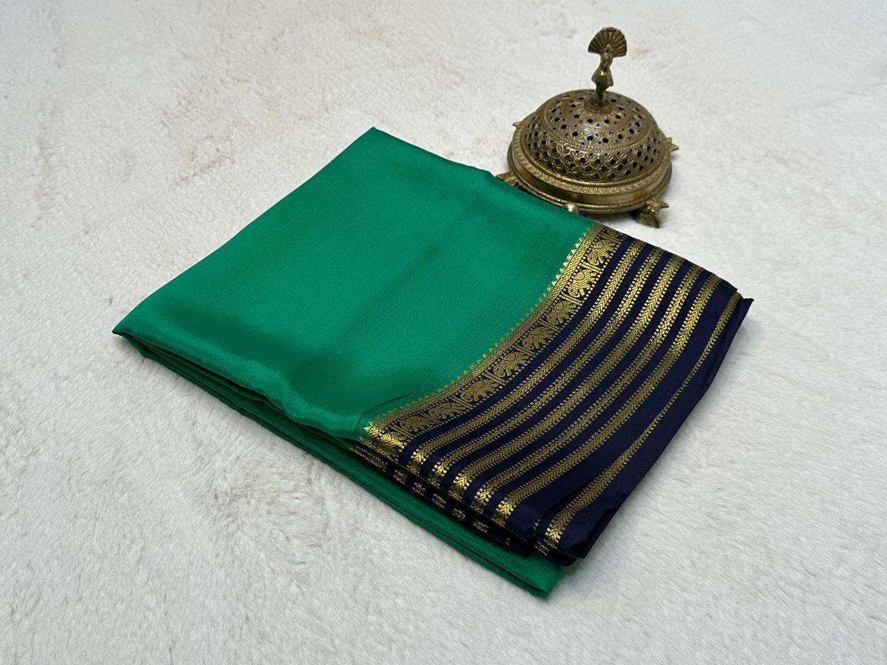 Emerald Green Semi Mysore Silk Saree with Deep Navy Zari Crafted Border & Blouse