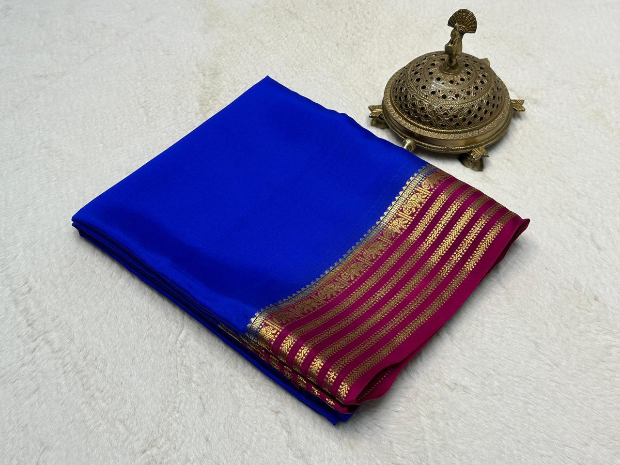 Royal Blue Semi Mysore Silk Saree Accented with Crimson Gold Zari Border & Blouse