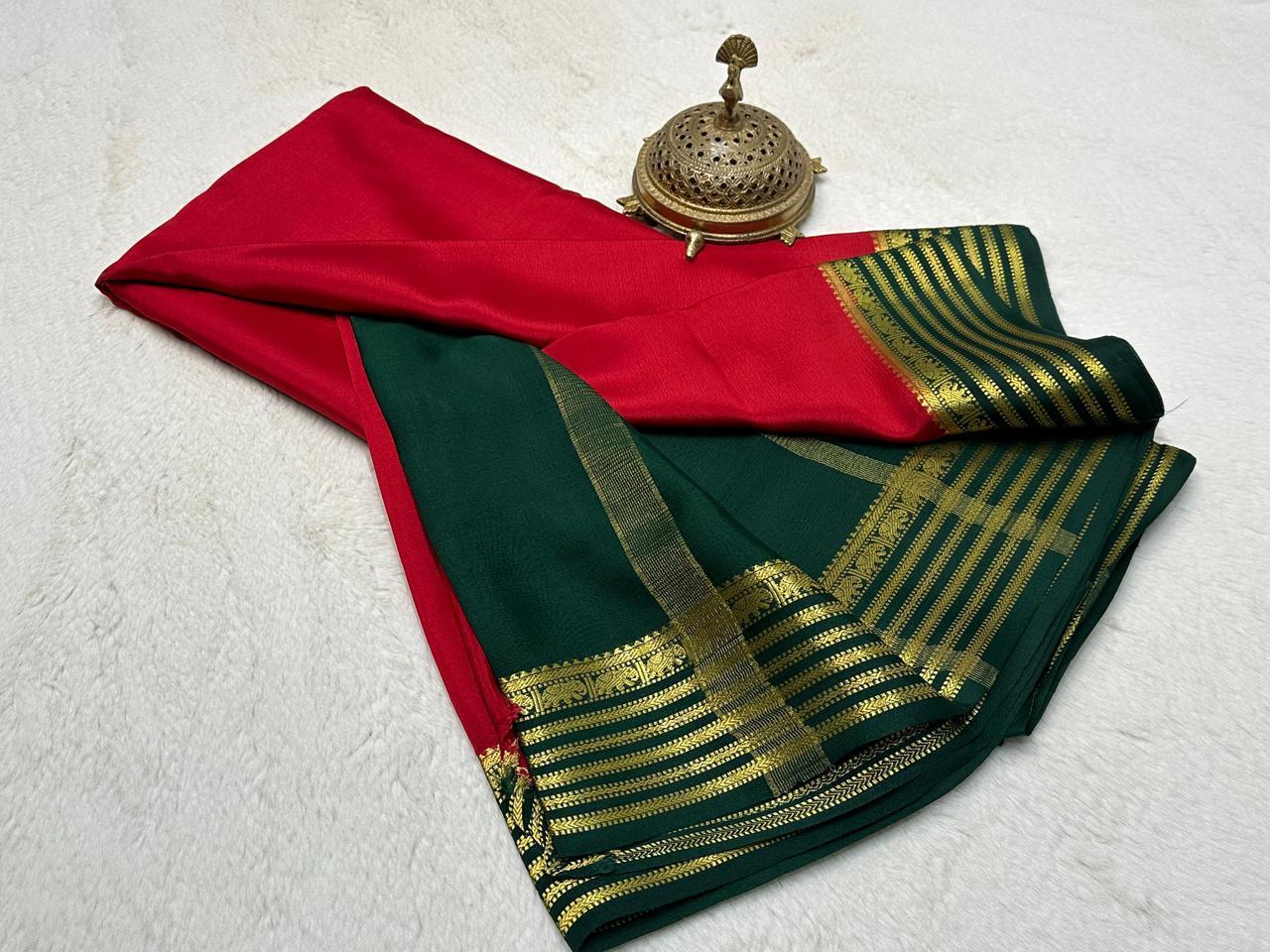 Classic Red Semi Mysore Silk Saree with Emerald Green Gold Zari Heritage Border & Blouse