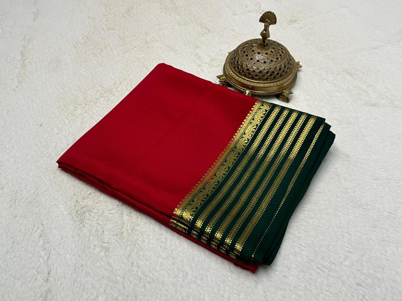 Classic Red Semi Mysore Silk Saree with Emerald Green Gold Zari Heritage Border & Blouse