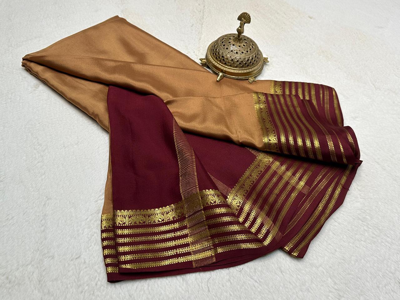 Brown Semi Mysore Silk Saree with Maroon & Gold Zari Border and Blouse