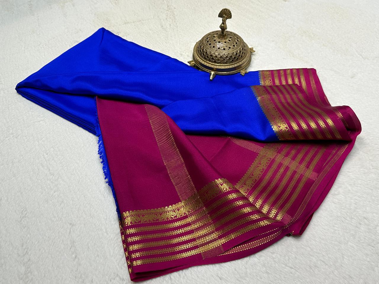 Royal Blue Semi Mysore Silk Saree Accented with Crimson Gold Zari Border & Blouse