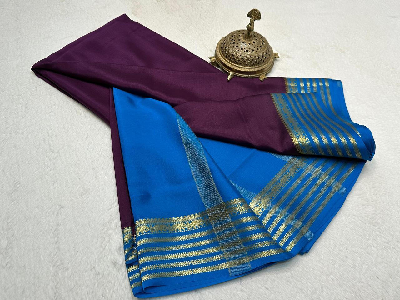 Wine Purple Semi Mysore Silk Saree with Electric Blue Gold-Woven Zari Border & Blouse