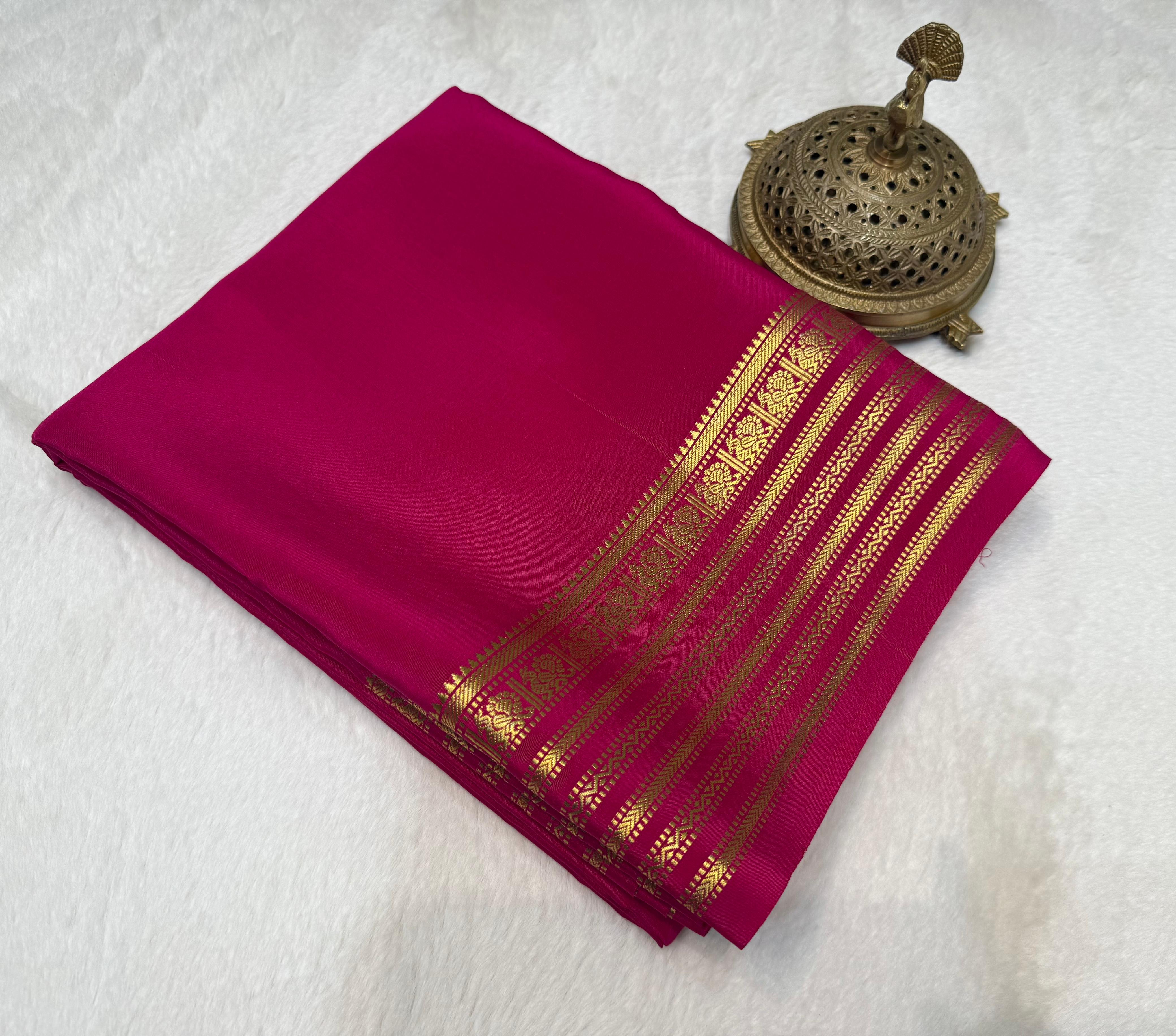Ruby Pink Semi Mysore Silk Saree with Luxurious Gold Zari Signature Border & Blouse