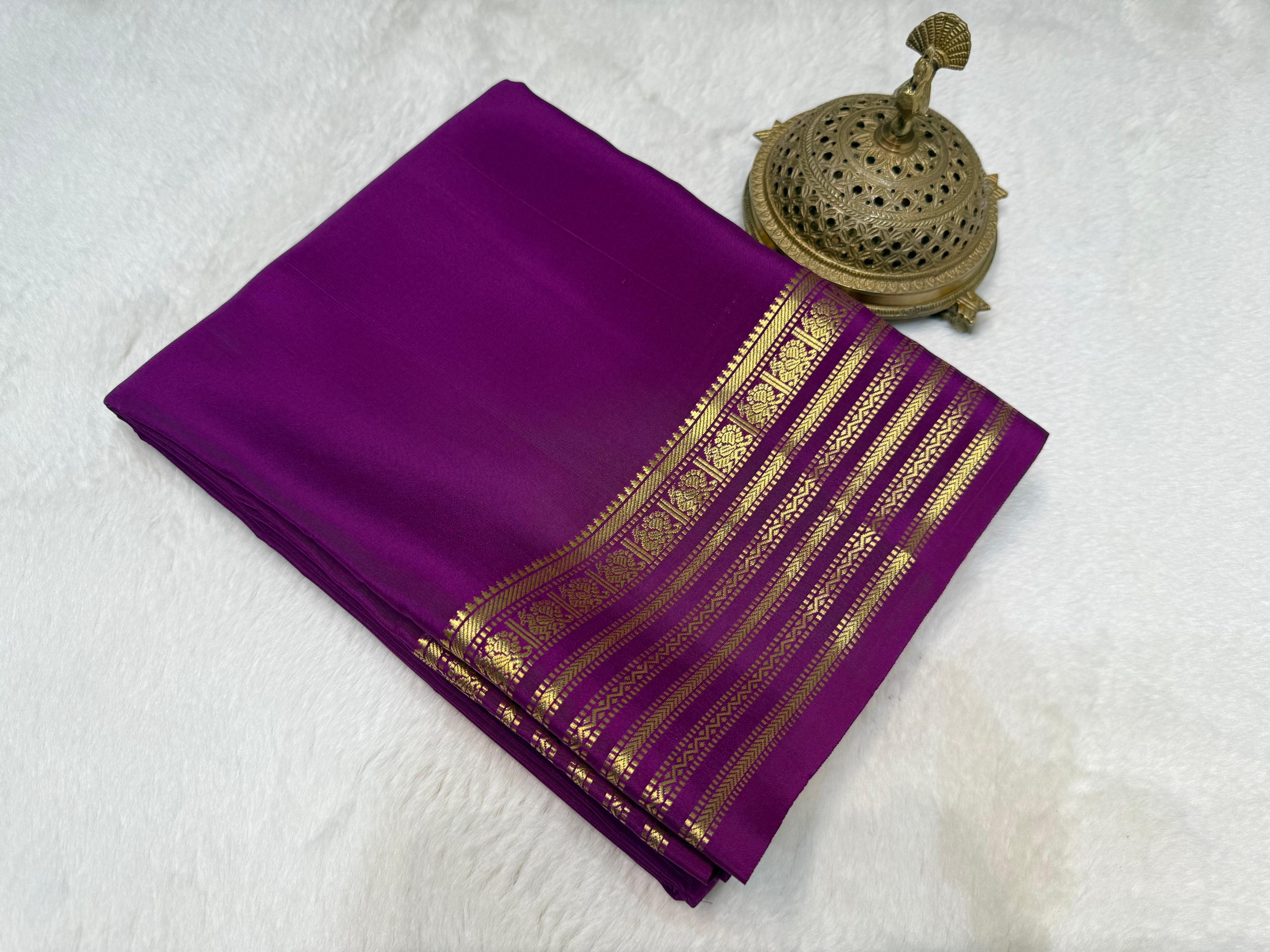Plum Purple Semi Mysore Silk Saree with Grand Gold Temple Zari Border & Blouse
