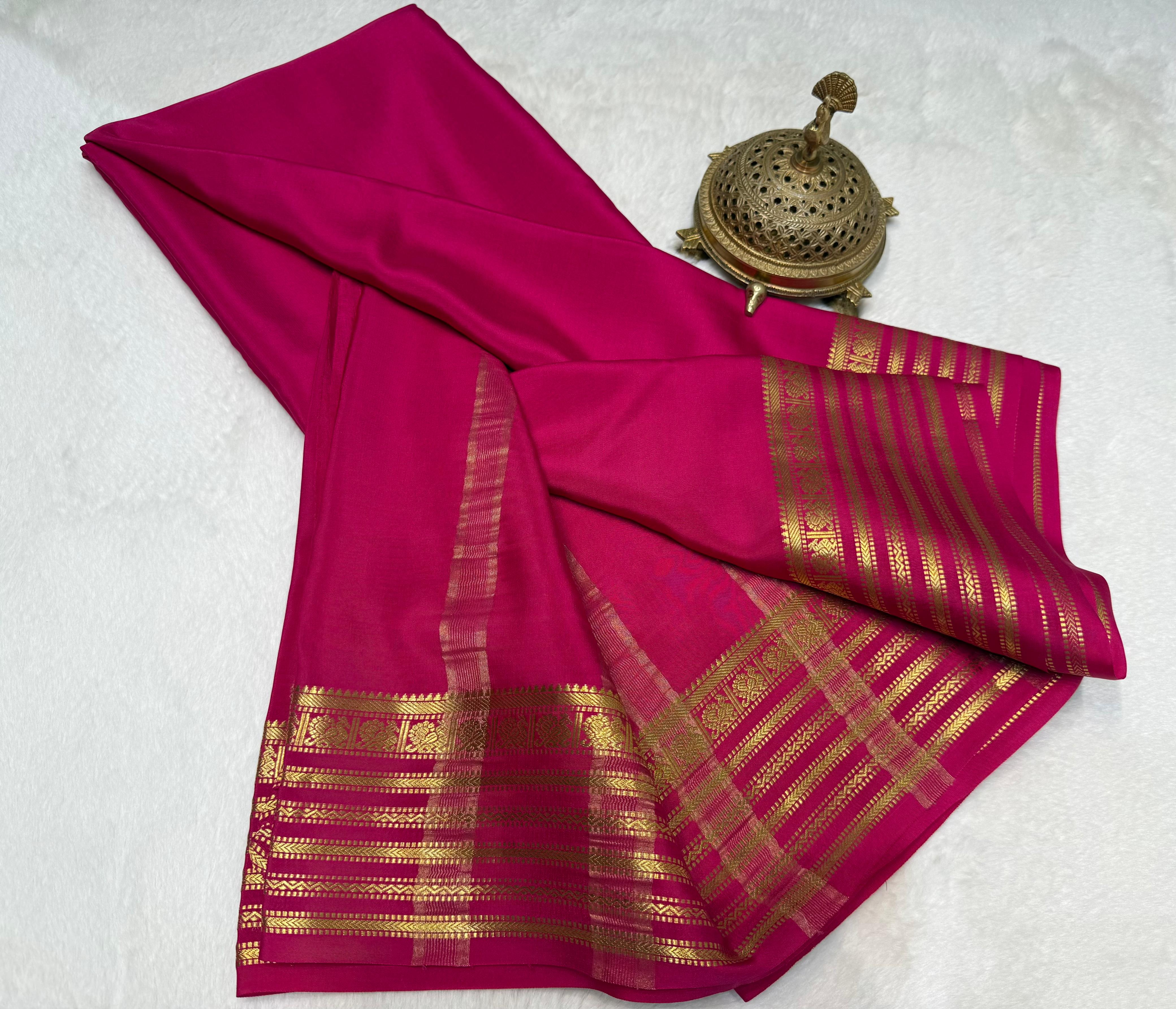 Ruby Pink Semi Mysore Silk Saree with Luxurious Gold Zari Signature Border & Blouse