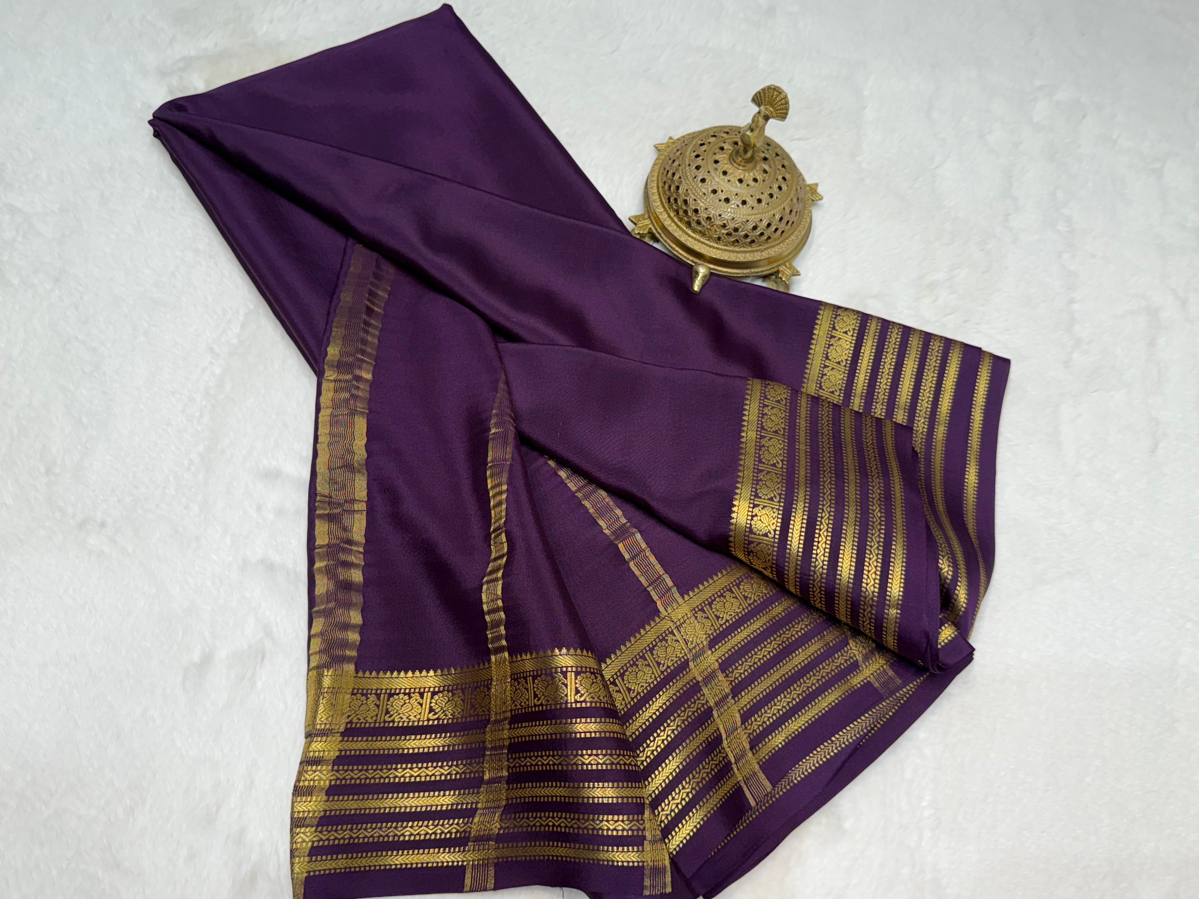 Deep Plum Semi Mysore Silk Saree with Opulent Gold Zari Heritage Border & Blouse