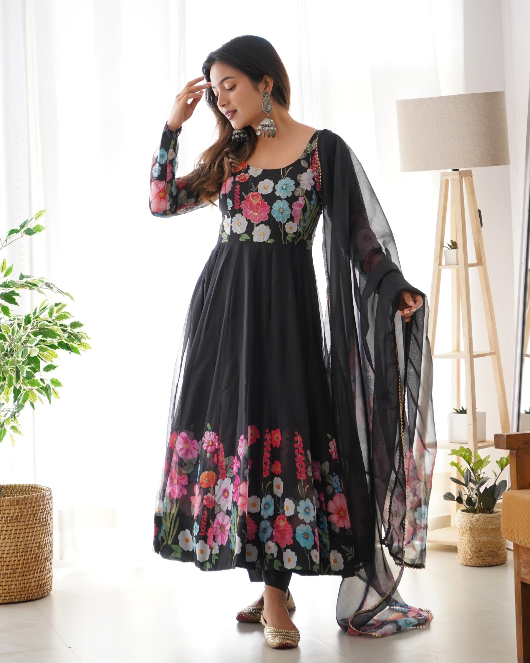 Pure Soft Organza Silk Floral Printed Anarkali Suit with Dupatta & Pent
